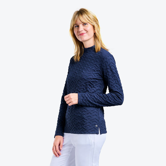 Nivo Ladies Long Sleeve Top with Textured Zig-Zag Print in Navy - Last One Large Only Left