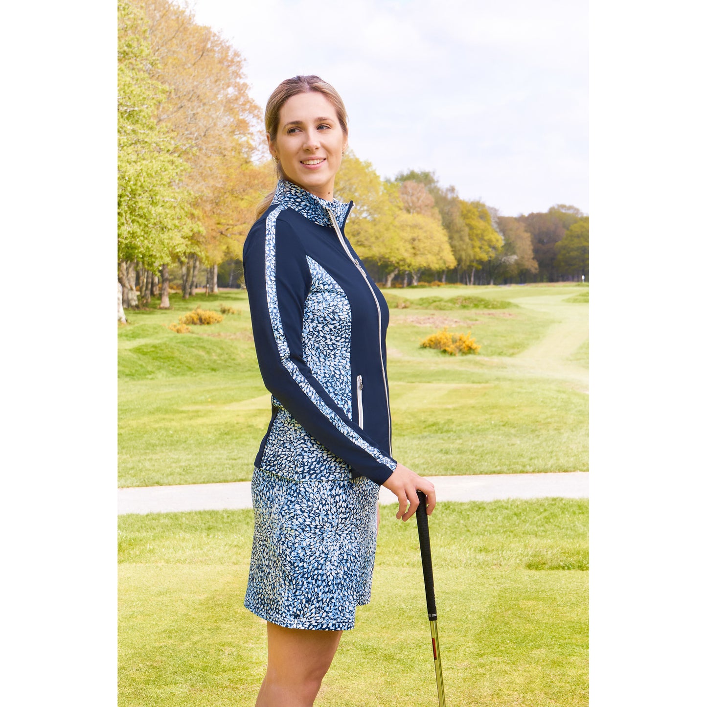 Pure Ladies Full-Zip Mid-Layer Golf Jacket in Navy and Peardrop Sapphire Print