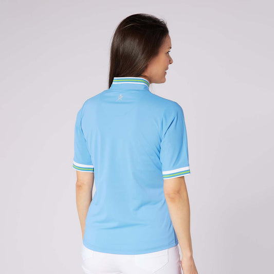 Swing Out Sister Ladies Short Sleeve Pique Polo with Unique Collar & Elegant Contrast Stripe