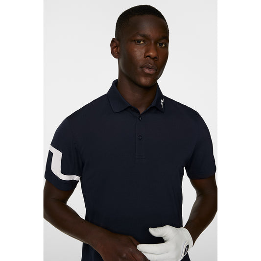 J.Lindeberg Mens Short Sleeve Polo with Bridge Print Sleeve in Navy