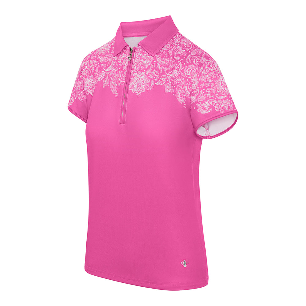 Pure Golf Ladies Cap Sleeve Zip Neck Polo in Azalea Pink & Paisley Print
