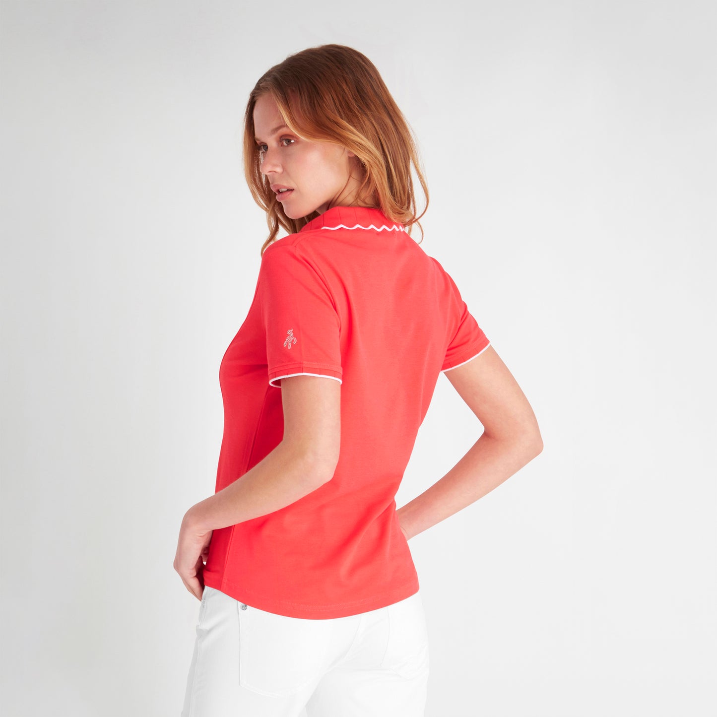 Green Lamb Ladies Short Sleeve Polo with Scalloped Collar in Poppy