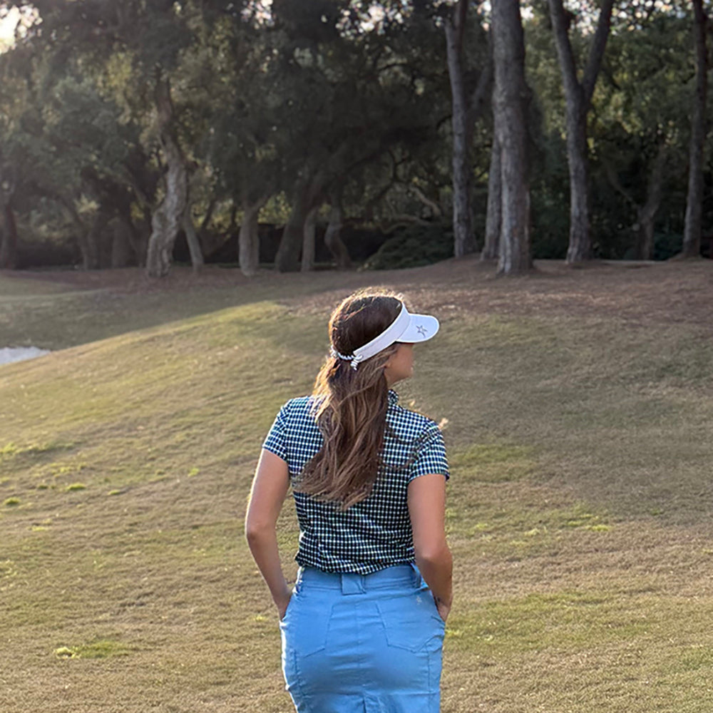 Swing Out Sister Ladies Cap Sleeve Polo in Geo Print with Frill Trim Detail