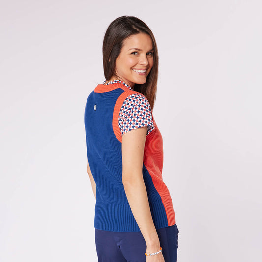 Swing Out Sister Ladies Knitted Sleeveless Sweater in Navy & Coral