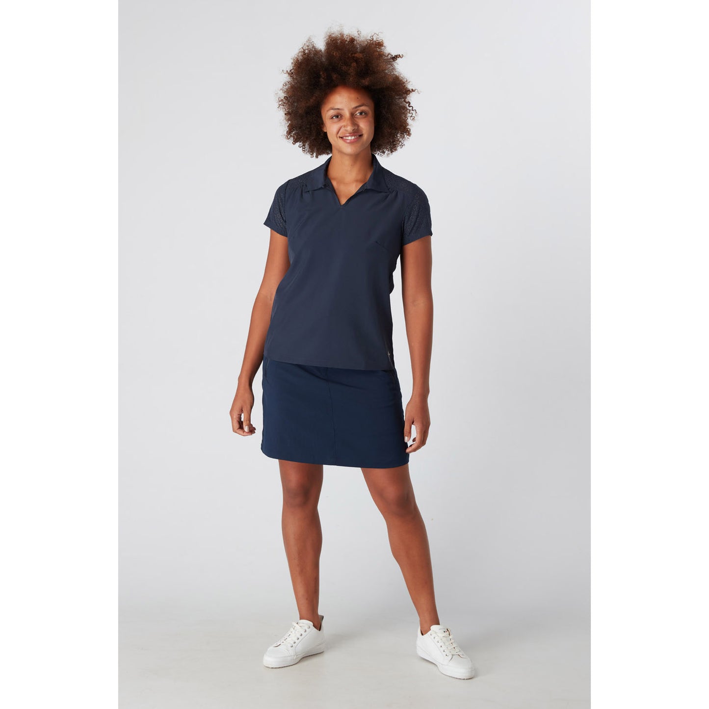 Swing Out Sister Women's Laser Print Navy Cap Sleeve Golf Polo