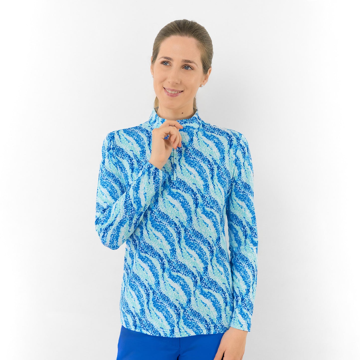 Pure Ladies Long Sleeve Top in Flowing Wave Print for Playful Style & All-Day Comfort