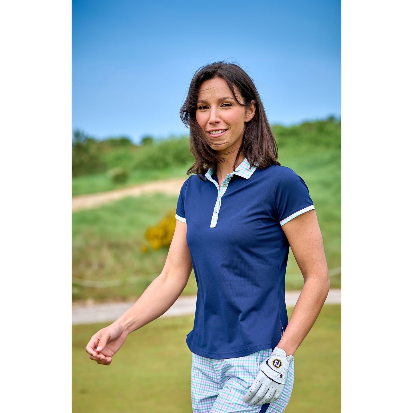 FootJoy Ladies Pique Polo in Navy with Gingham Print Trim