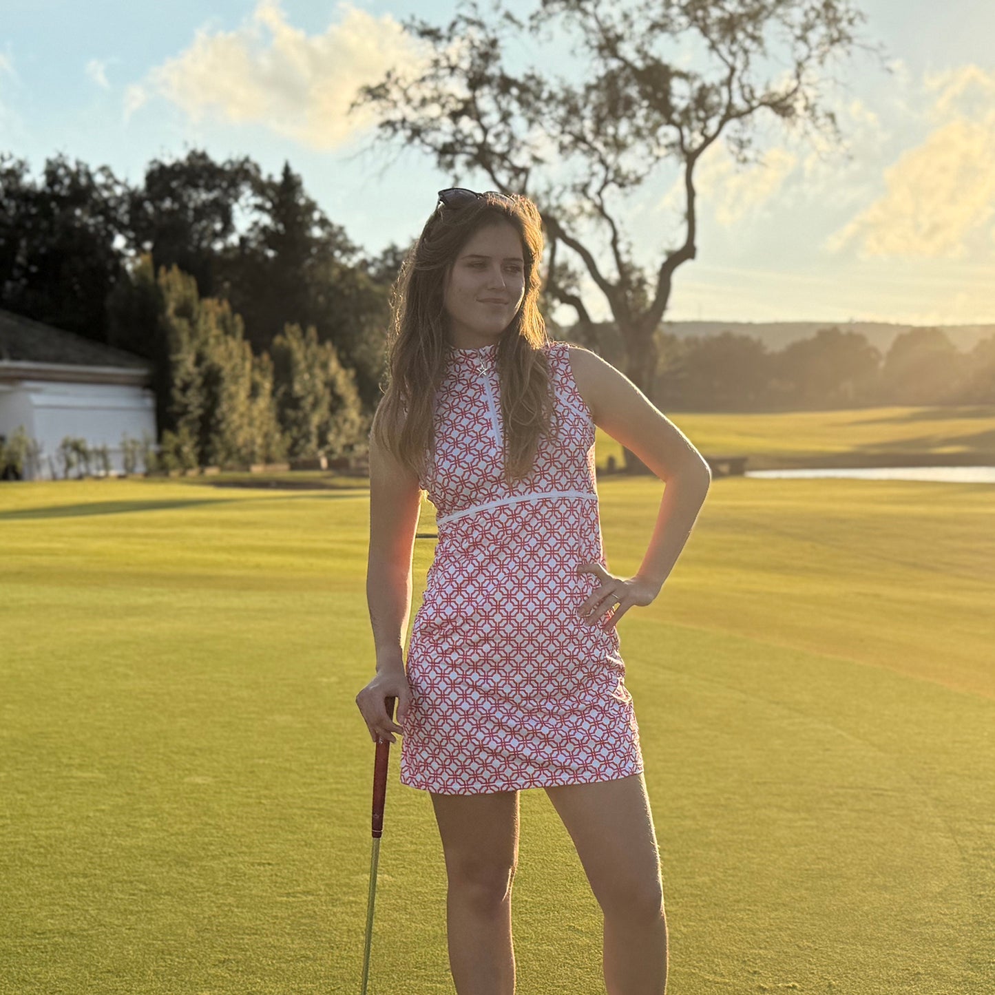 Swing Out Sister Ladies Sleeveless Golf Dress in Lush Pink and Mandarin Mosaic Pattern