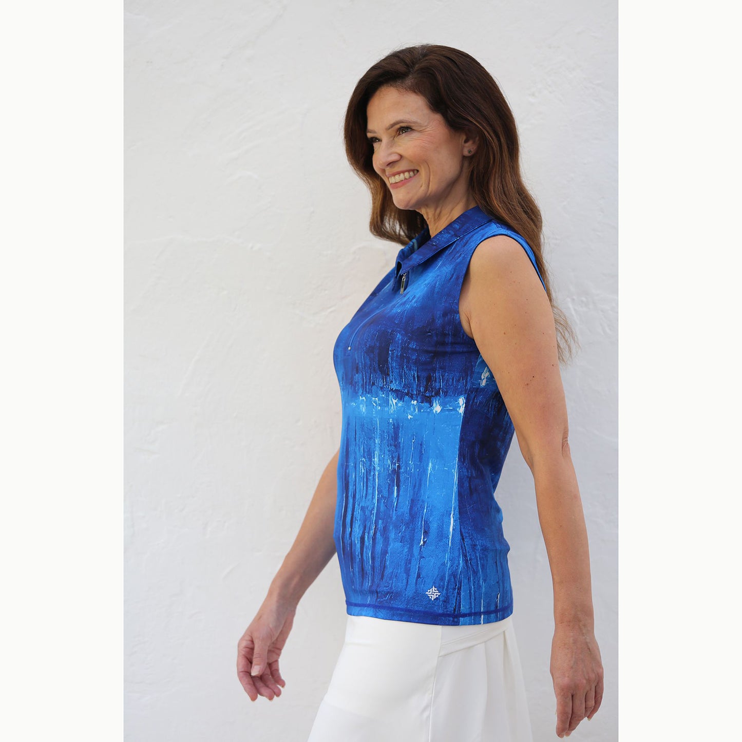 FAMARA Ladies Sleeveless Polo in Abstract Harbourside Print in Blue Lagoon