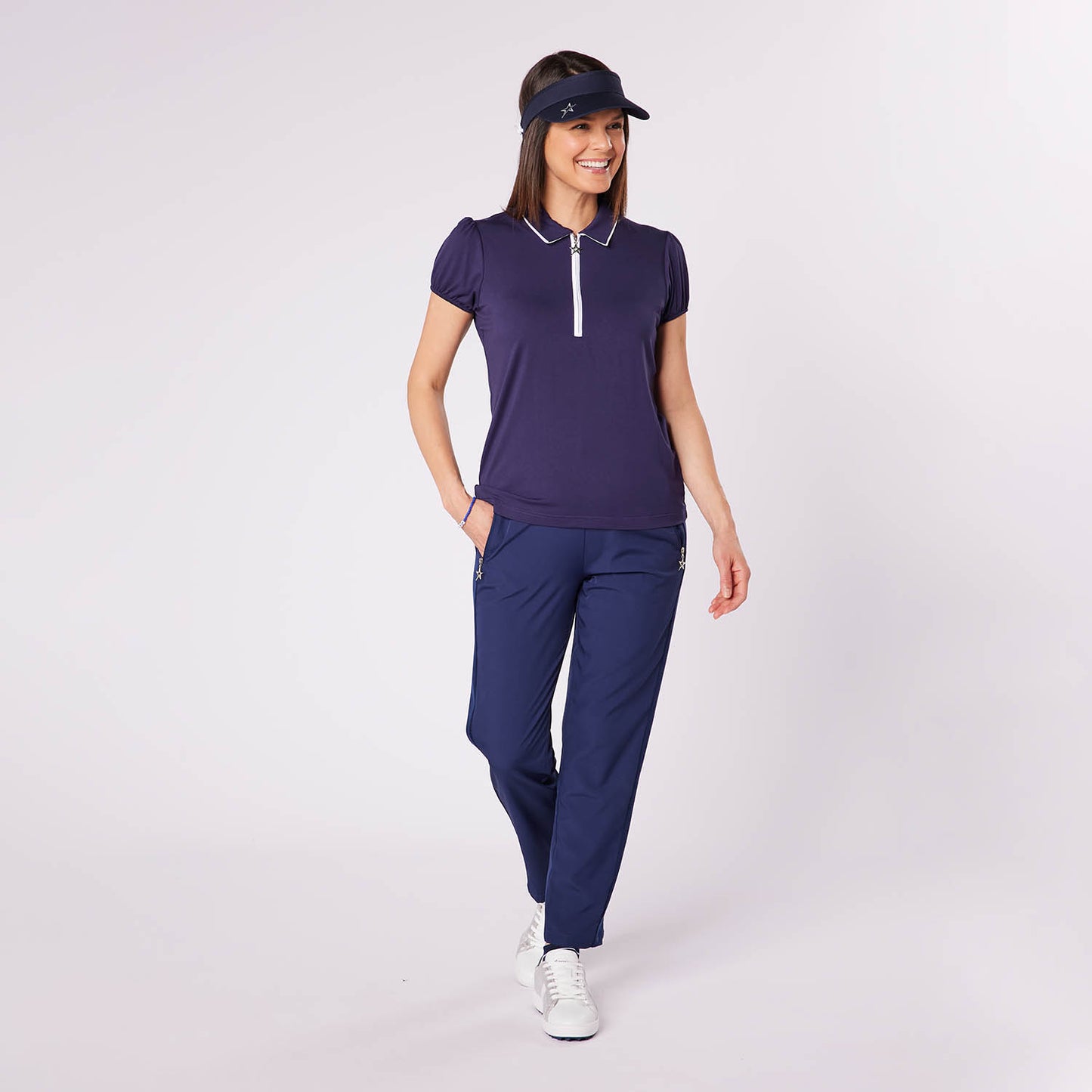 Swing Out Sister Ladies Lightweight Pull-On Trousers with Ribbed Side Stripe in Navy