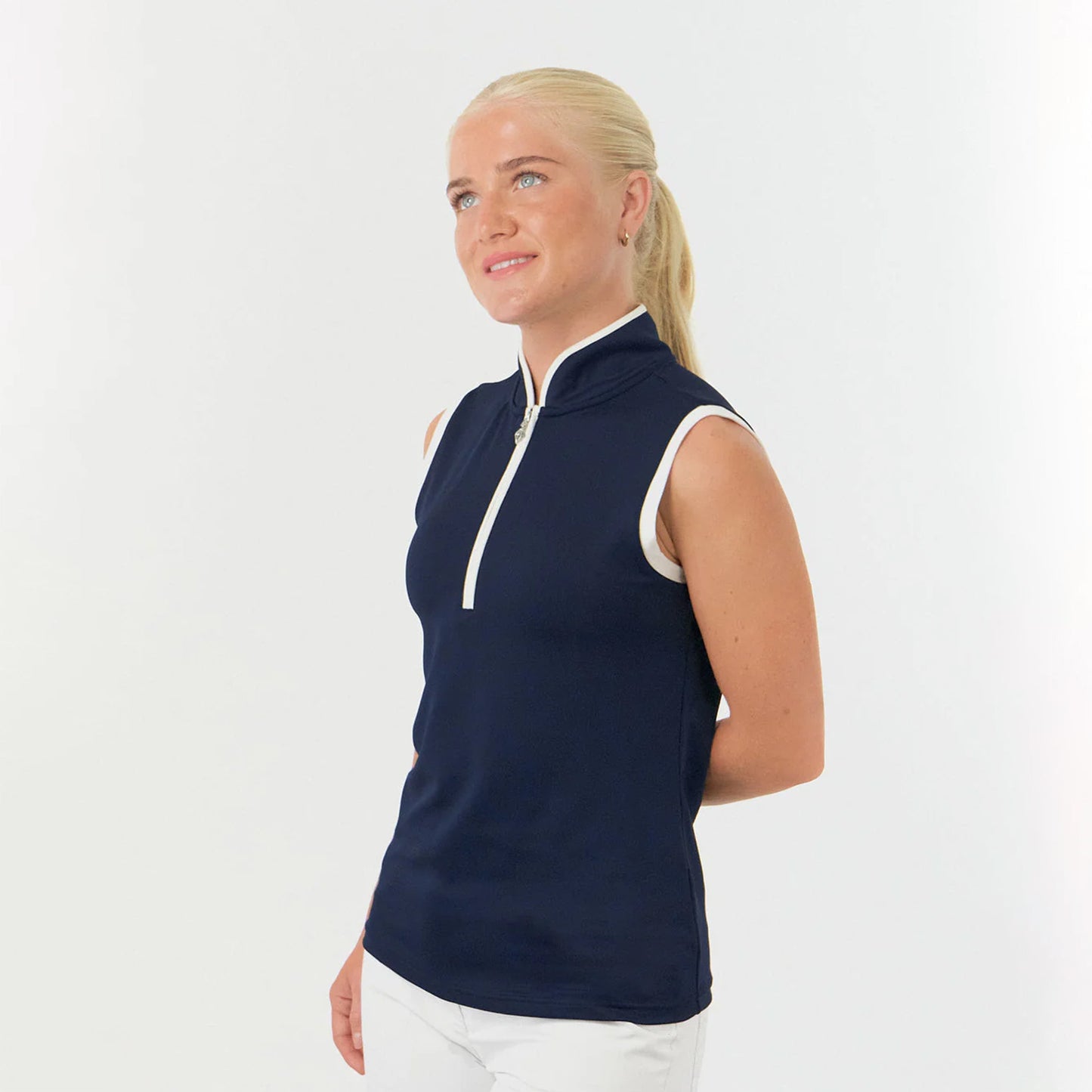 Pure Golf Ladies Sleeveless Mandarin Polo Shirt in Navy