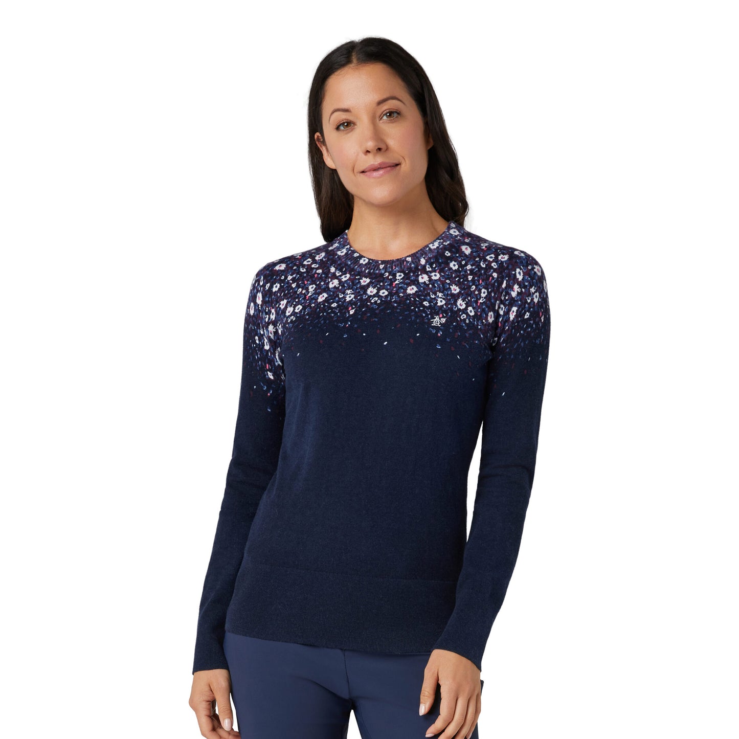 Original Penguin Womens Soft Cotton Blend Sweater with Floral Design in Navy