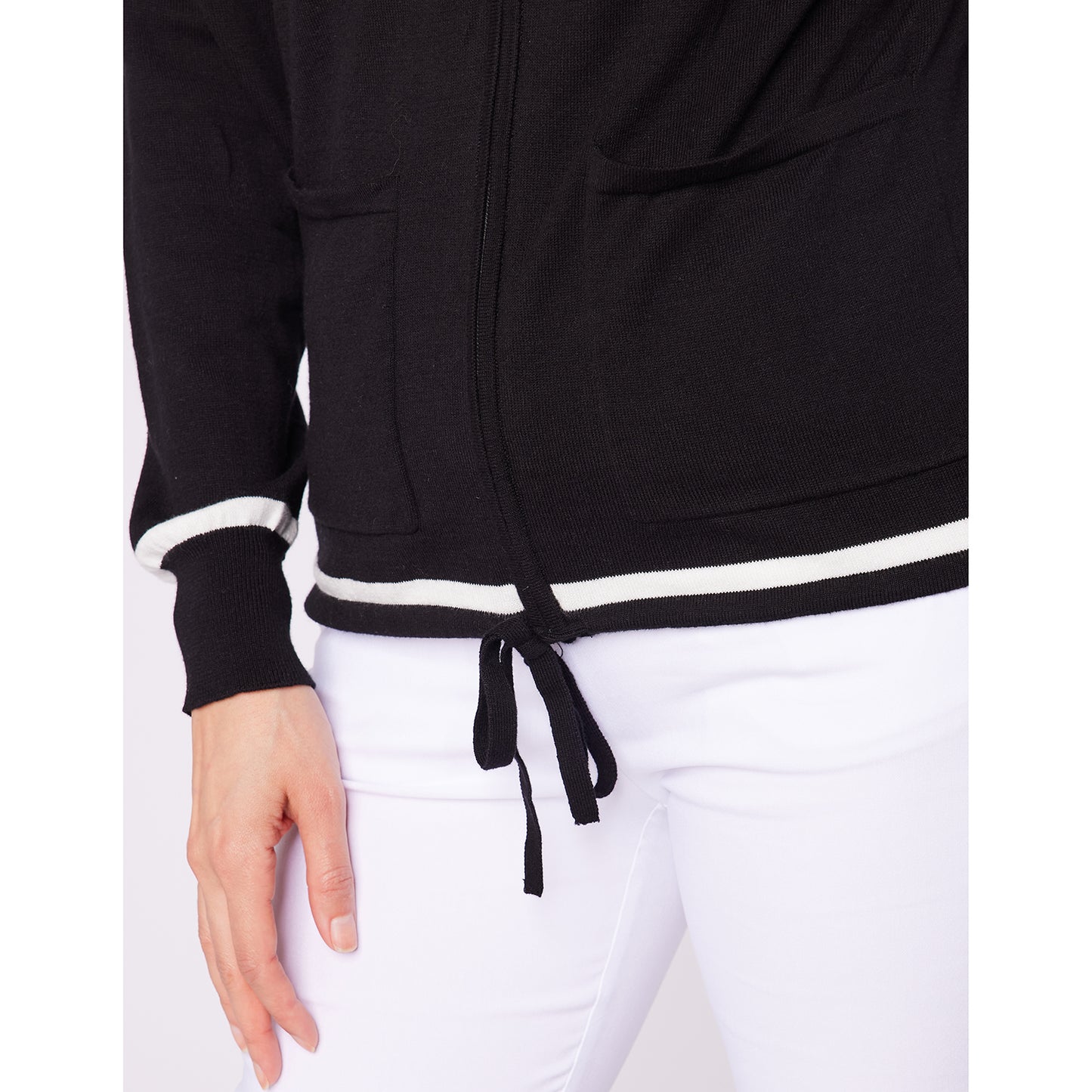 Swing Out Sister Ladies Full Zip Cotton Blend Cardigan with Drawstring Waist in Black & White