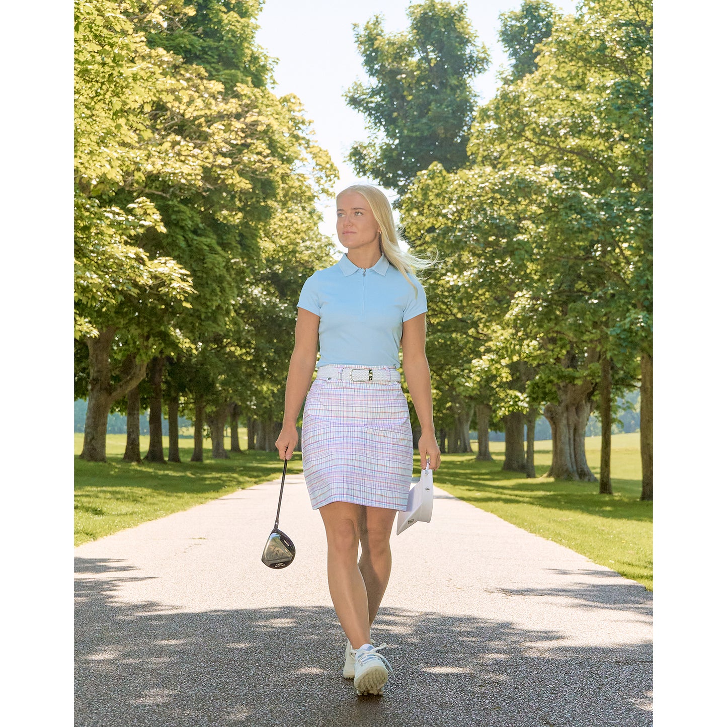 Pure Golf Ladies Skort with Side Zip in Pastel Check Print