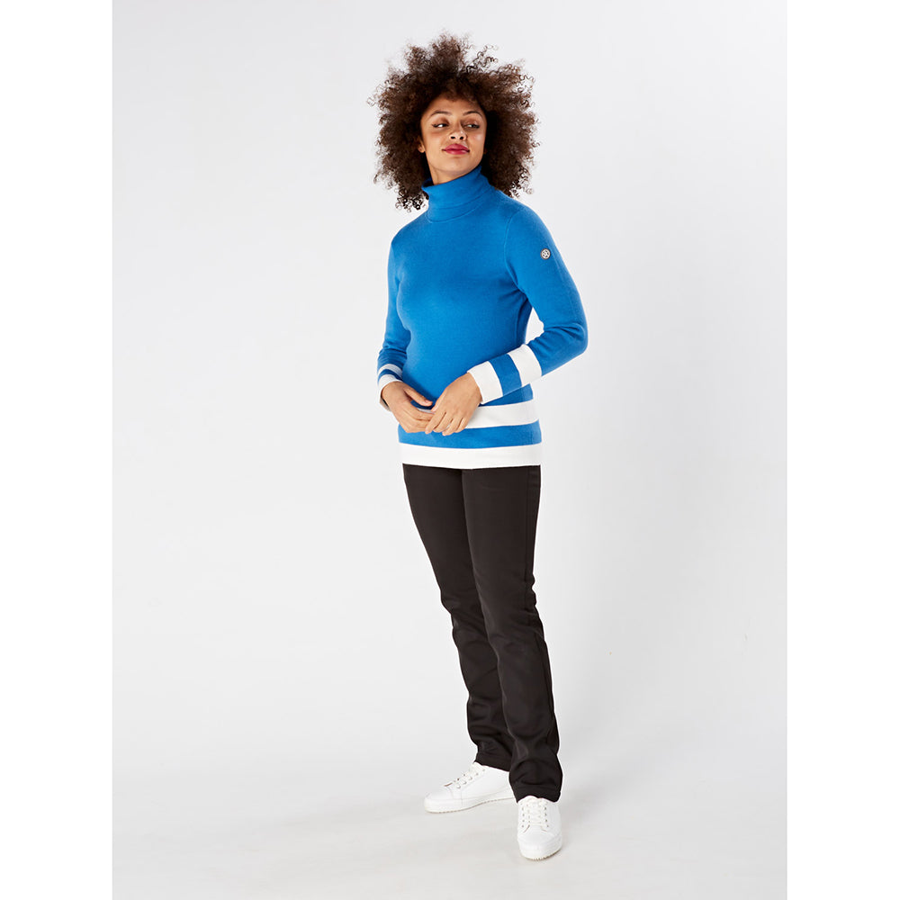 Swing Out Sister Ladies Cedar Sweater in Lapis Blue and White