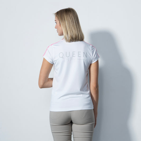 Daily Sports Ladies Cap Sleeve Polo in White with Silver Studded Print on the Back