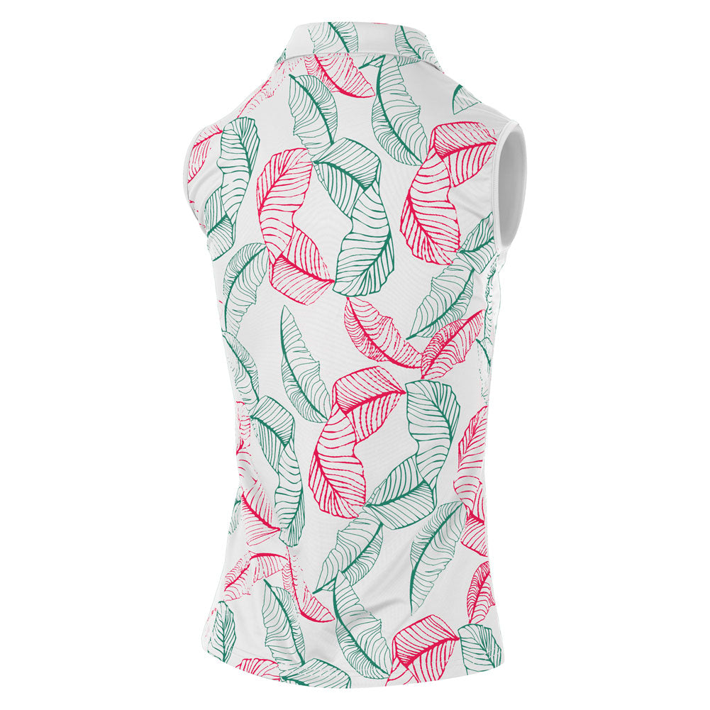 Island Green Ladies Printed Sleeveless Polo in White with Leaf Print