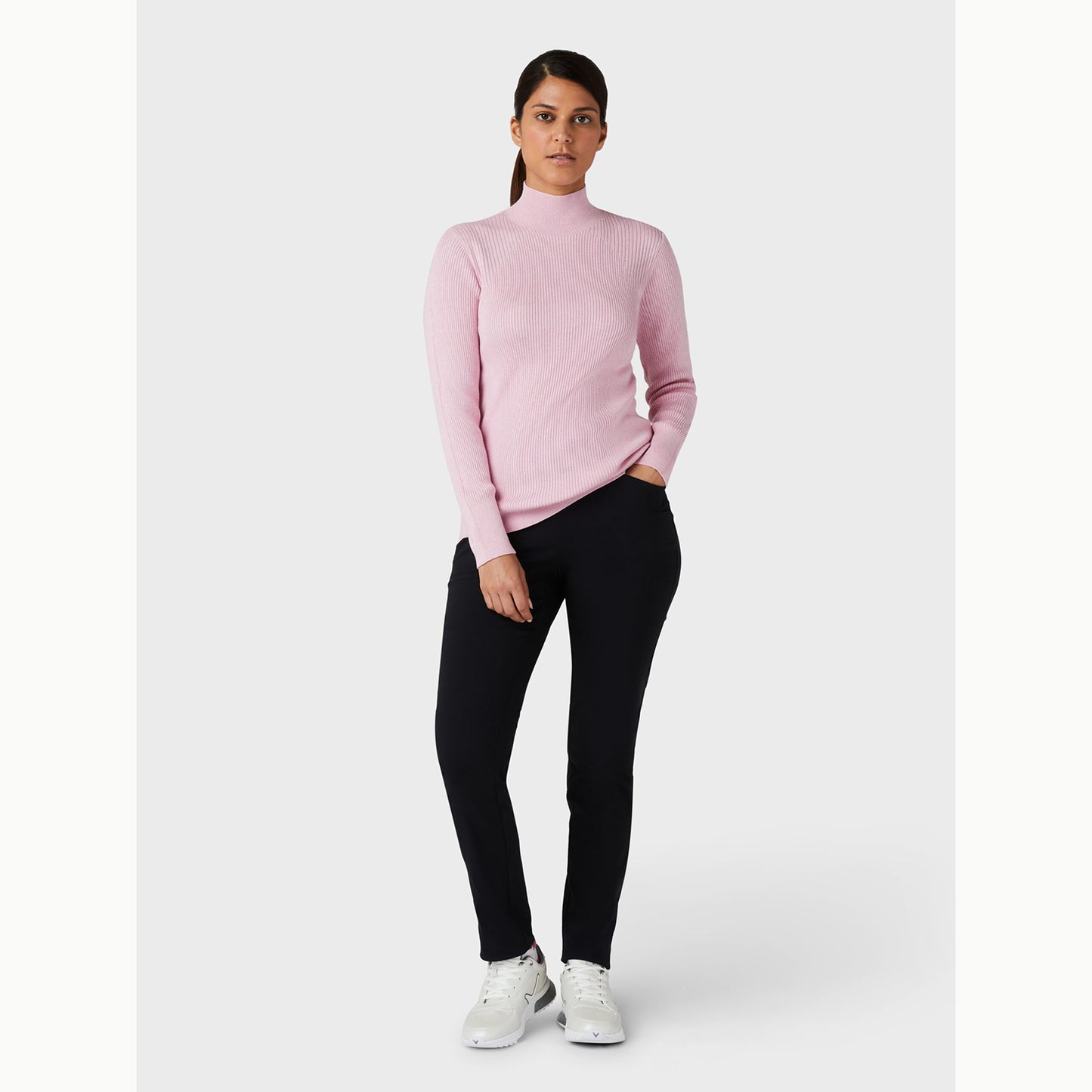 Callaway Ladies High Mock Neck Ribbed Sweater in Pink Nectar Heather