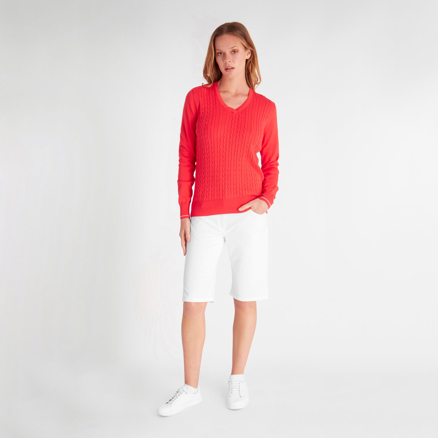 Green Lamb Ladies Cable Knit V-Neck Sweater in Poppy