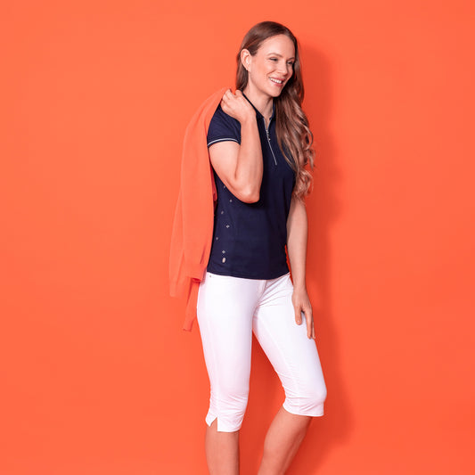 Glenmuir Ladies Short Sleeve Polo with DiamantΓ© Detailing in Navy & Silver