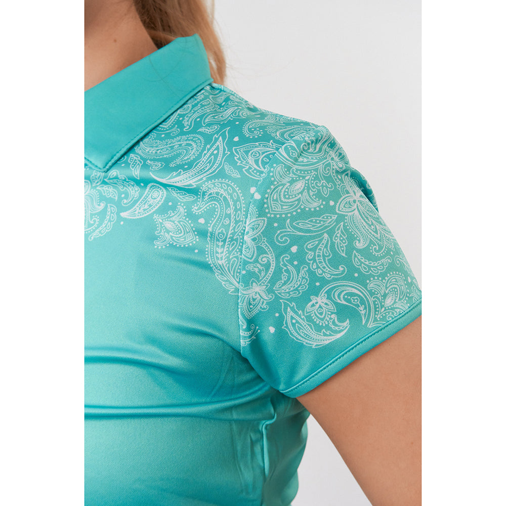 Pure Golf Ladies Cap Sleeve Zip-Neck Polo in Ocean Blue & Paisley Print