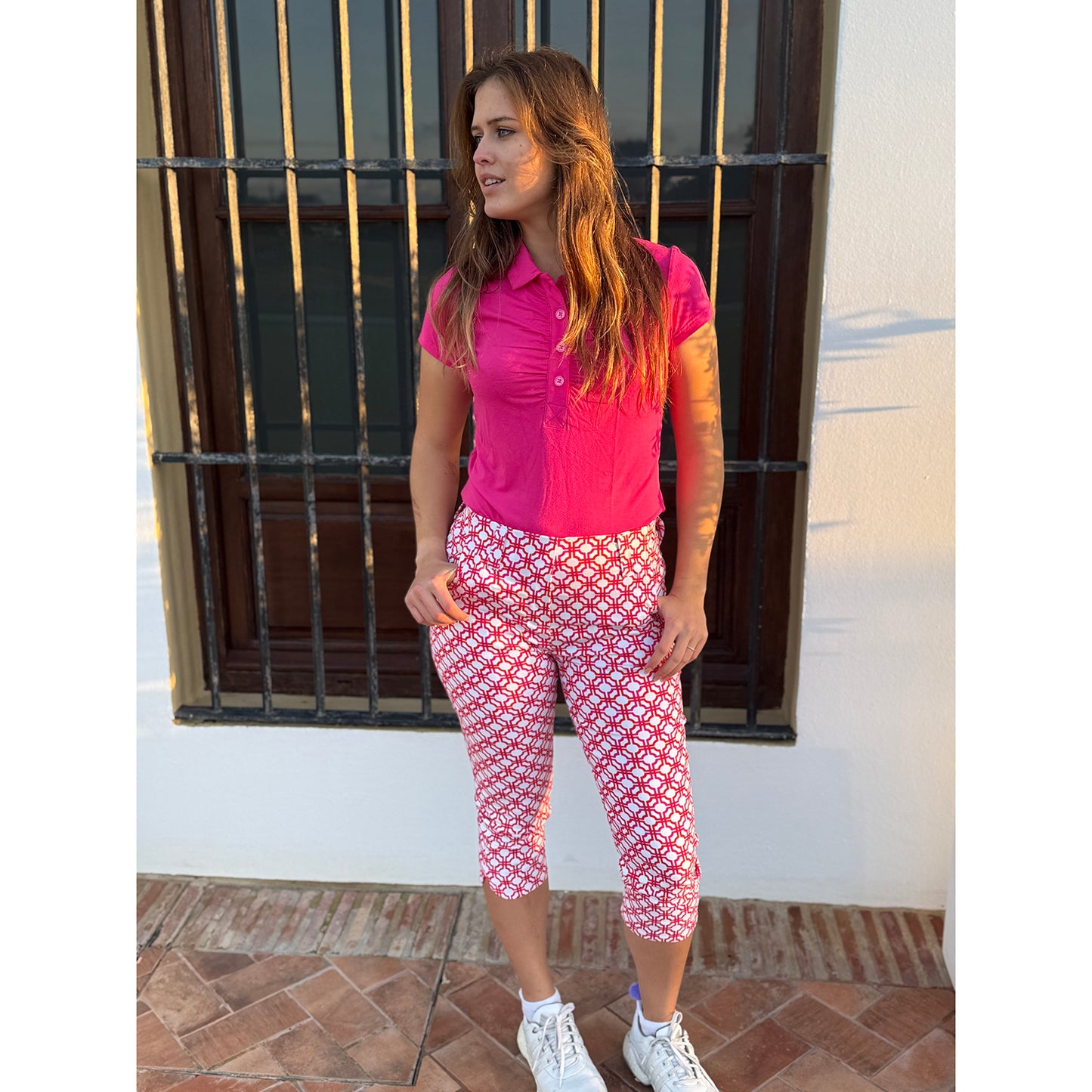 Swing Out Sister Ladies Pull-On Capris in Lush Pink and Mandarin with Mosaic Pattern