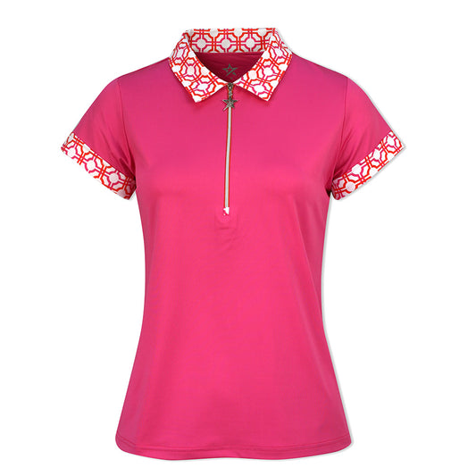 Swing Out Sister Ladies Zip-Neck Short Sleeve Polo with Lush Pink and Mandarin Mosaic Pattern