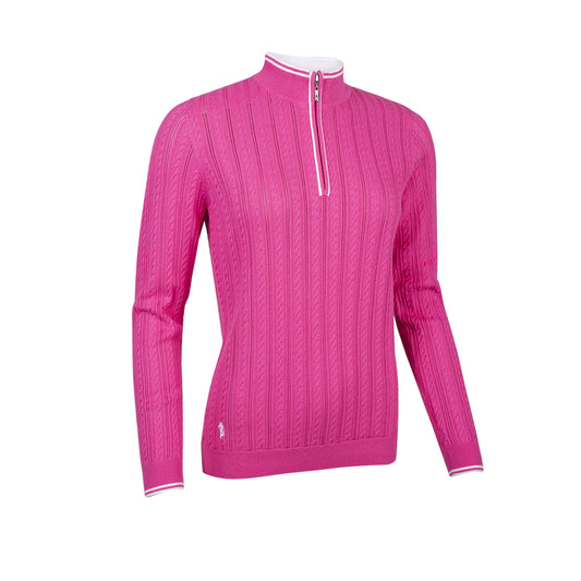 Glenmuir Ladies Cable Knit Sweater in Hot Pink & White