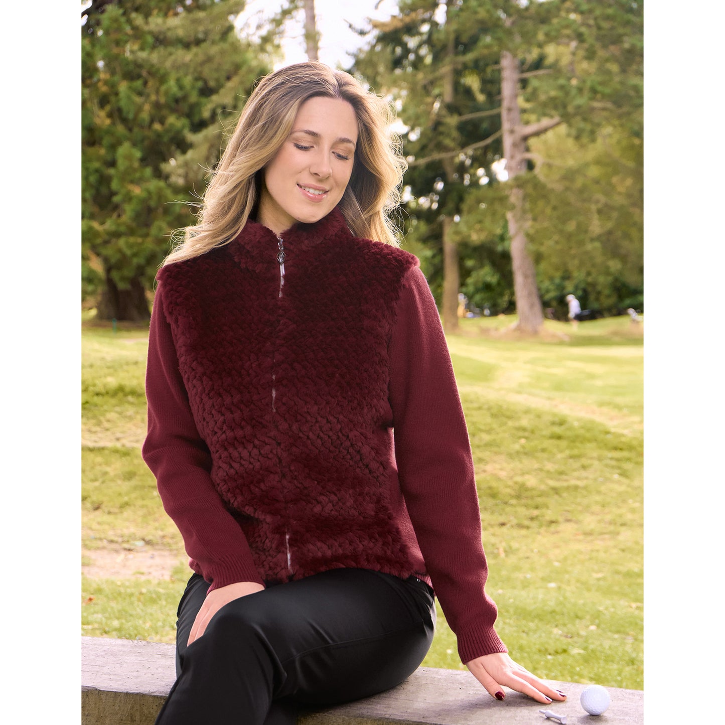 Pure Golf Ladies Faux Fur Full-Zip Cardigan with Stretch Sleeves