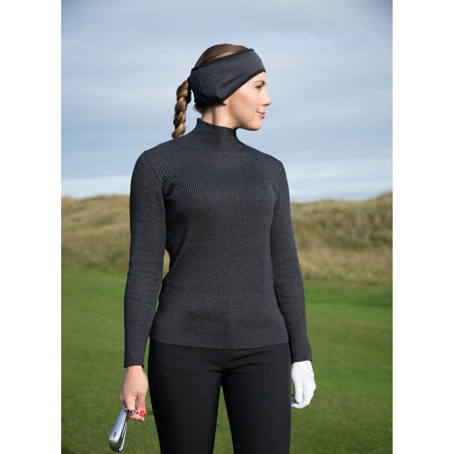 Callaway Golf Ladies High Mock Neck Ribbed Sweater in Charcoal Grey
