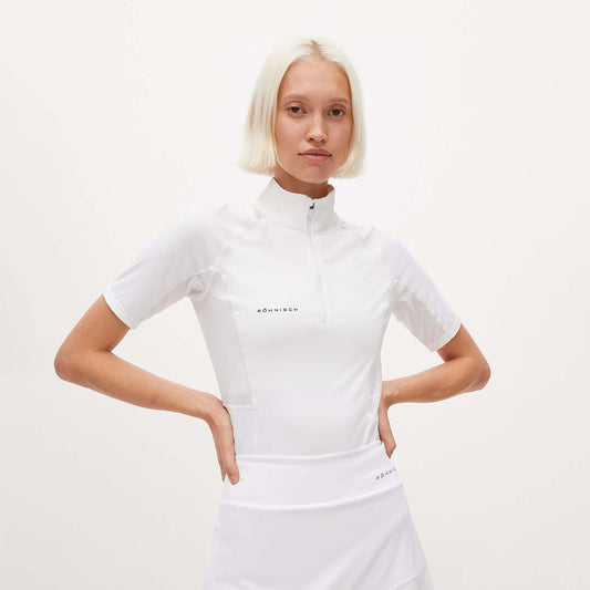 Rohnisch Women's Short Sleeve Zip-Neck Top with Textured Panels in White