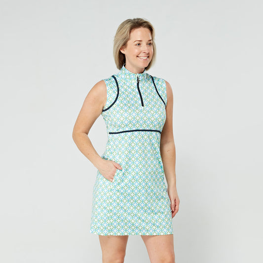 Swing Out Sister Ladies Sleeveless Golf Dress in Dazzling Blue and Emerald Mosaic Pattern
