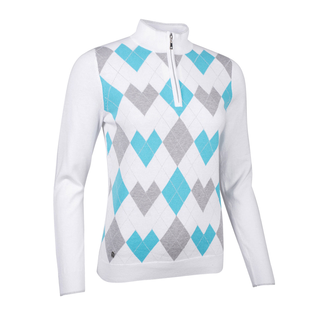 Glenmuir Ladies Argyle Zip Neck Sweater in White Aqua GolfGarb