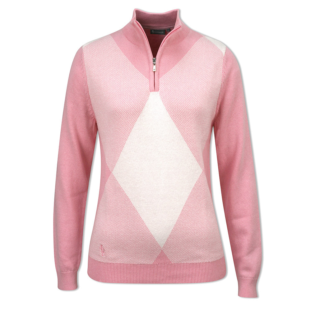 Diamond Argyle Zip-Neck Sweater with Cashmere in Candy & White