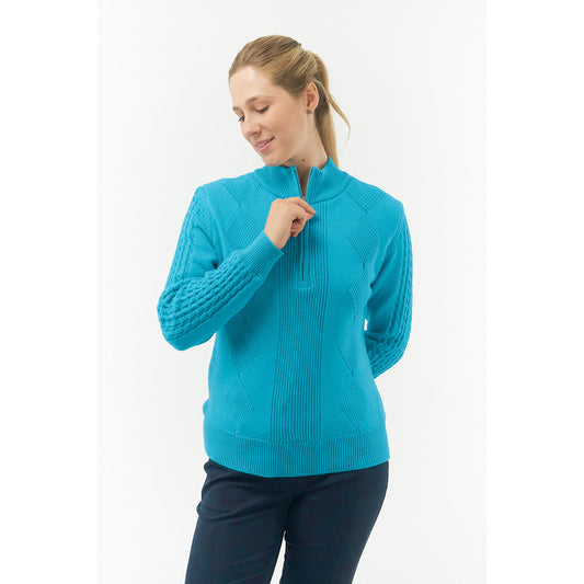 Pure Ladies Cable Knit Lined Quarter Zip Sweater in Tourmaline Blue - Last One Small Only Left