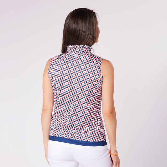 Swing Out Sister Ladies Sleeveless Polo with Geo Tile Print and Frill Trim Collar