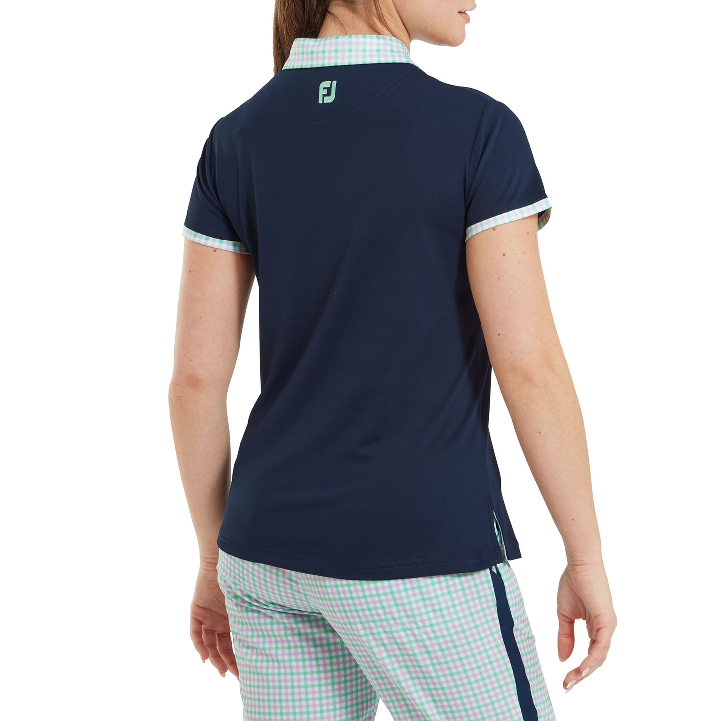 FootJoy Ladies Pique Polo in Navy with Gingham Print Trim