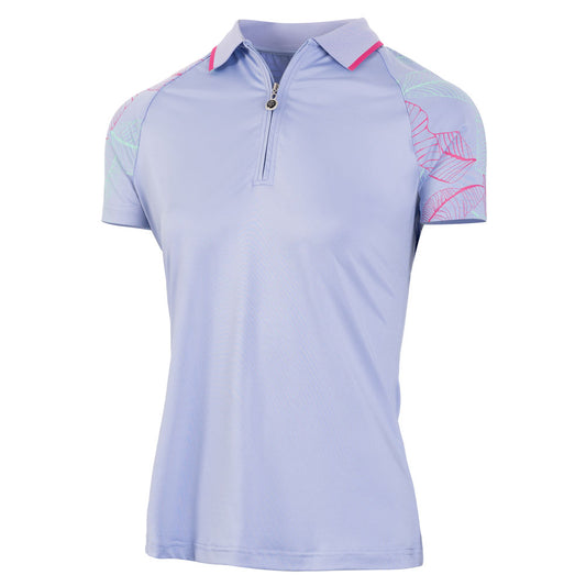 Island Green Ladies Short Sleeve Polo in Purple with Leaf Print