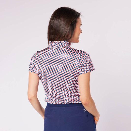 Swing Out Sister Ladies Cap Sleeve Polo in Geo Tile Print with Frill Trim Detail