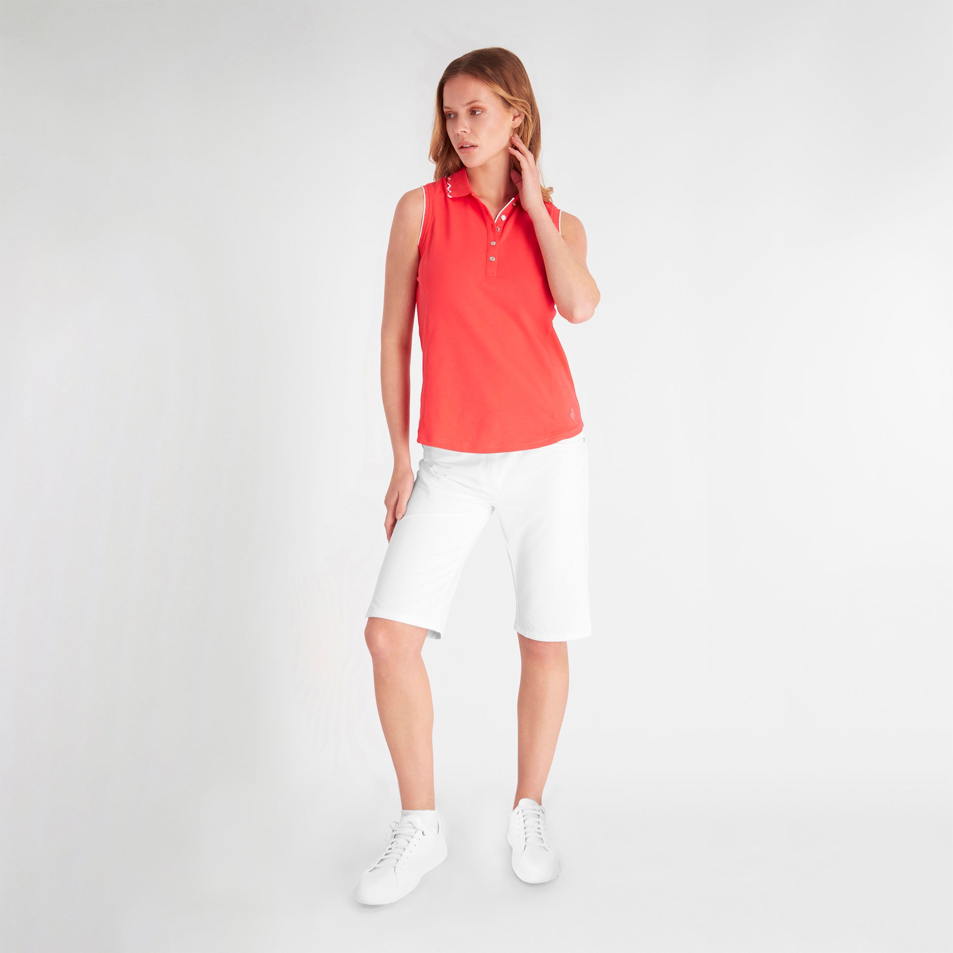 Green Lamb Ladies Sleeveless Polo with Scalloped Collar in Poppy