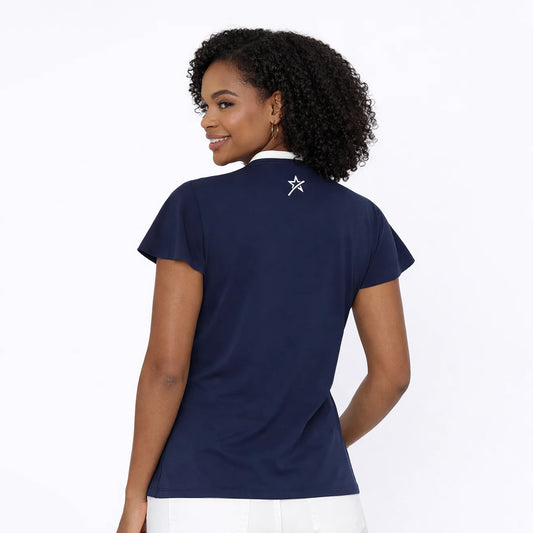 Swing Out Sister Ladies Navy V-Neck Polo with Fabulous Floaty Sleeves for a Feminine Edge