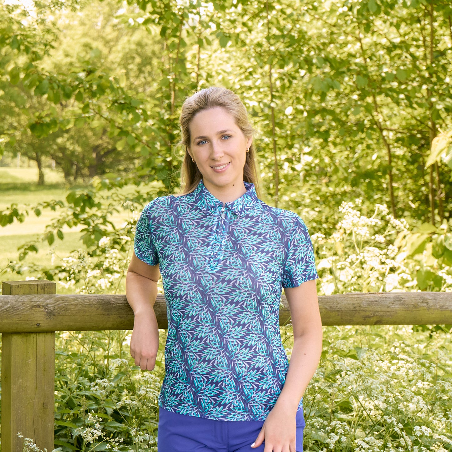 Pure Golf Ladies Short Sleeve Mesh Polo in Palm Print Design