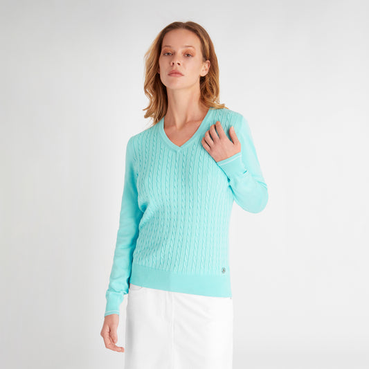 Green Lamb Ladies Aqua Cable Knit V-Neck Sweater