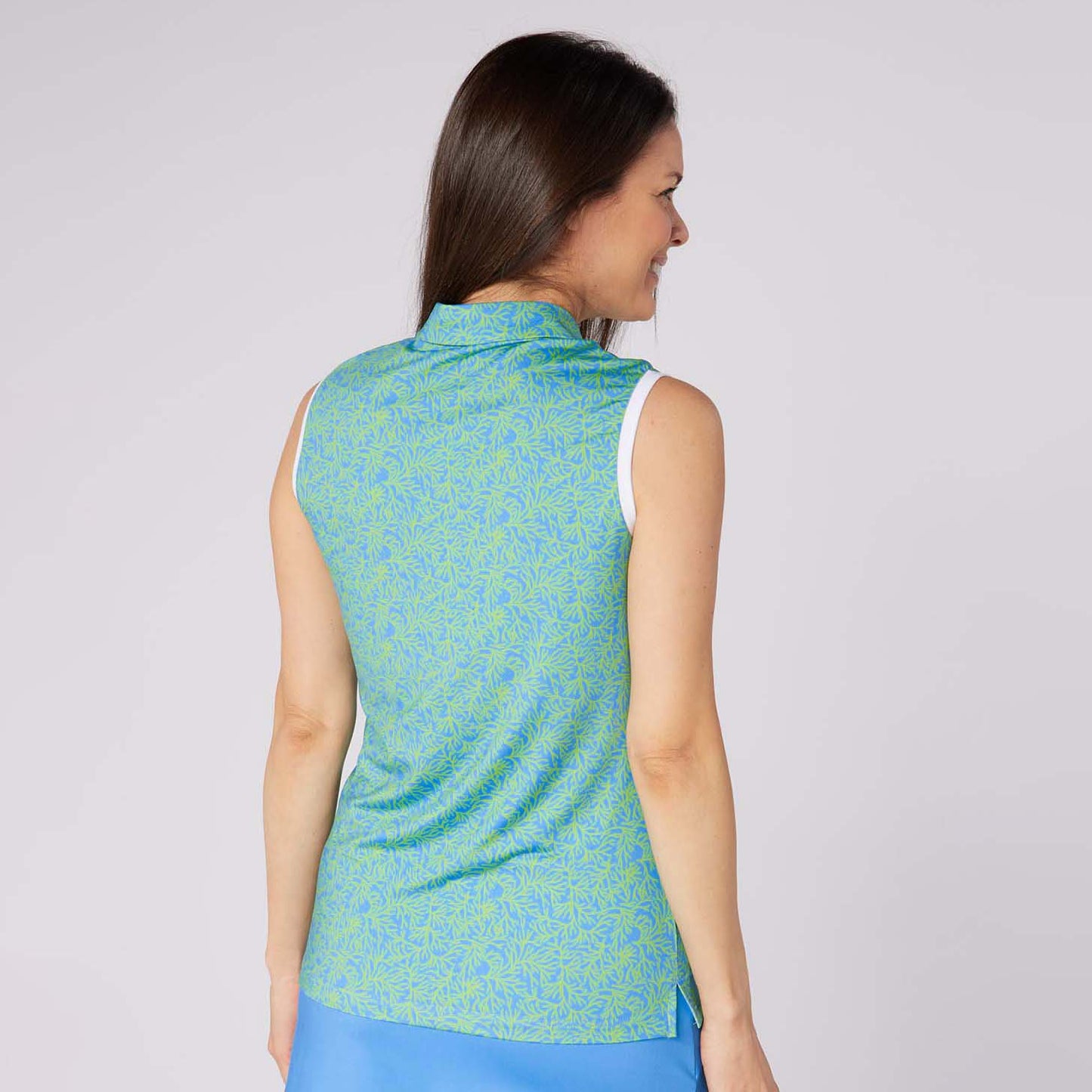Swing Out Sister Ladies Ultra-Soft Sleeveless Polo with Head Turning Print & Stylish Contrast Trim