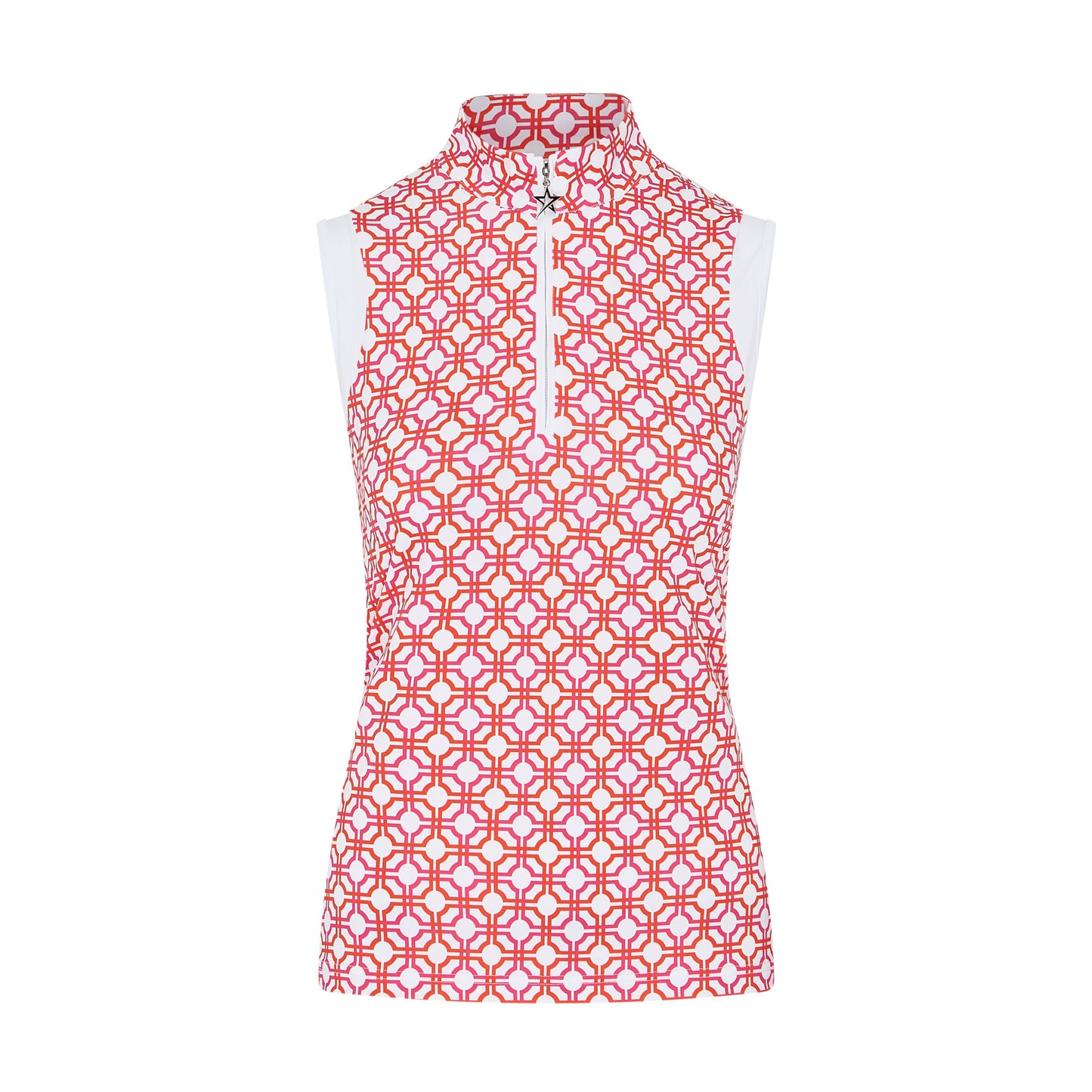 Swing Out Sister Sleeveless Zip-Neck Polo in Lush Pink and Mandarin Mosaic Print