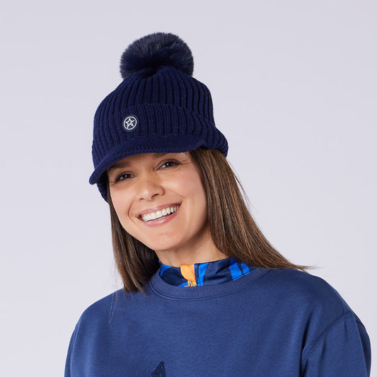 Swing Out Sister Fully Lined Bobble Hat with Peak in Navy