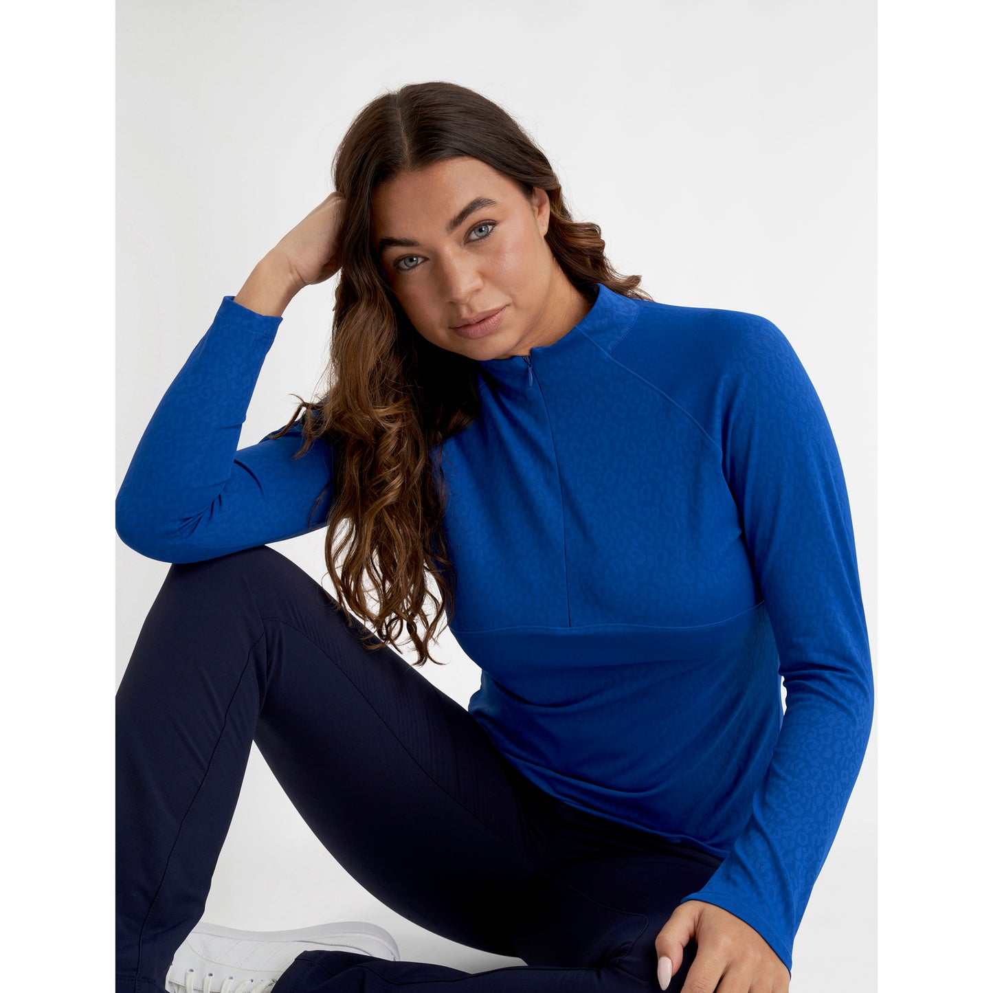 Green Lamb Ladies Lightweight 1/4 Zip Top with Jacquard Leopard Print