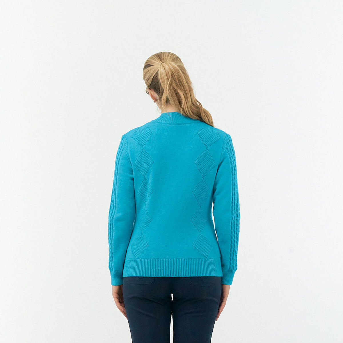Pure Ladies Cable Knit Lined Quarter Zip Sweater in Tourmaline Blue - Last One Small Only Left