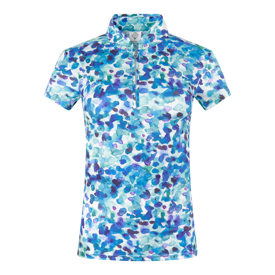 Pure Golf Cap Sleeve Zip Neck Top in Dappled Ocean Print