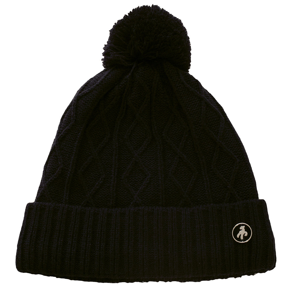 Green Lamb Ladies Fleece Lined Cable Knit Bobble Hat in Black